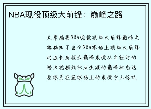NBA现役顶级大前锋：巅峰之路